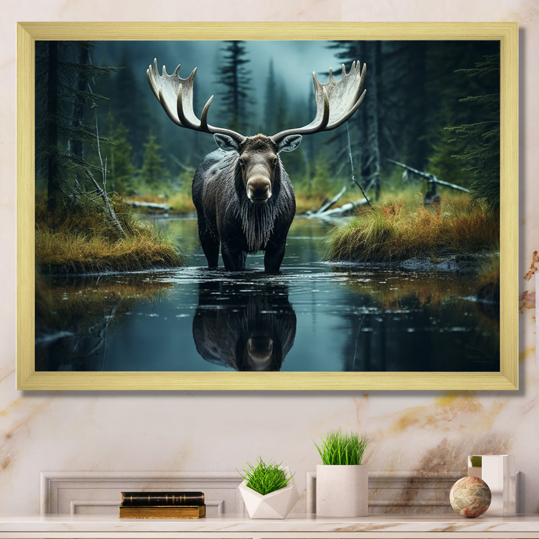 Green Moose Forest Dusk - Moose Framed Canvas Art