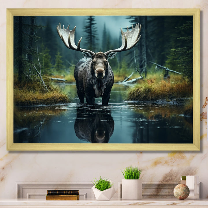 Green Moose Forest Dusk - Moose Framed Canvas Art