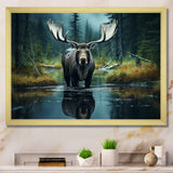 Green Moose Forest Dusk - Moose Framed Canvas Art