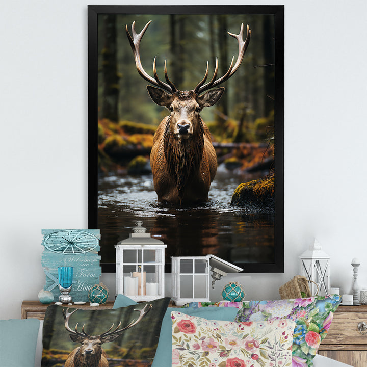 Brown Green Moose Portrait Vibrant - Moose Framed Canvas Art