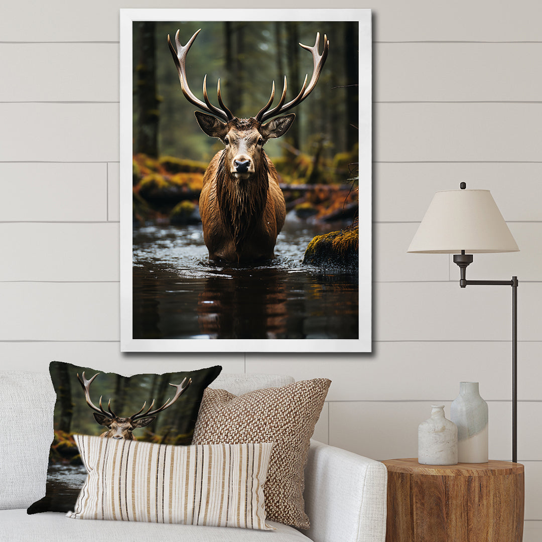 Brown Green Moose Portrait Vibrant - Moose Framed Canvas Art