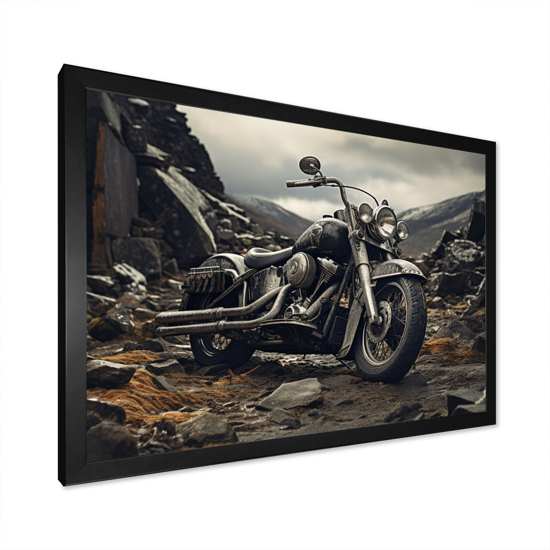 Grey Motorcycle Monochrome Landscape Photography I - Motorcycle Canvas Wall Art