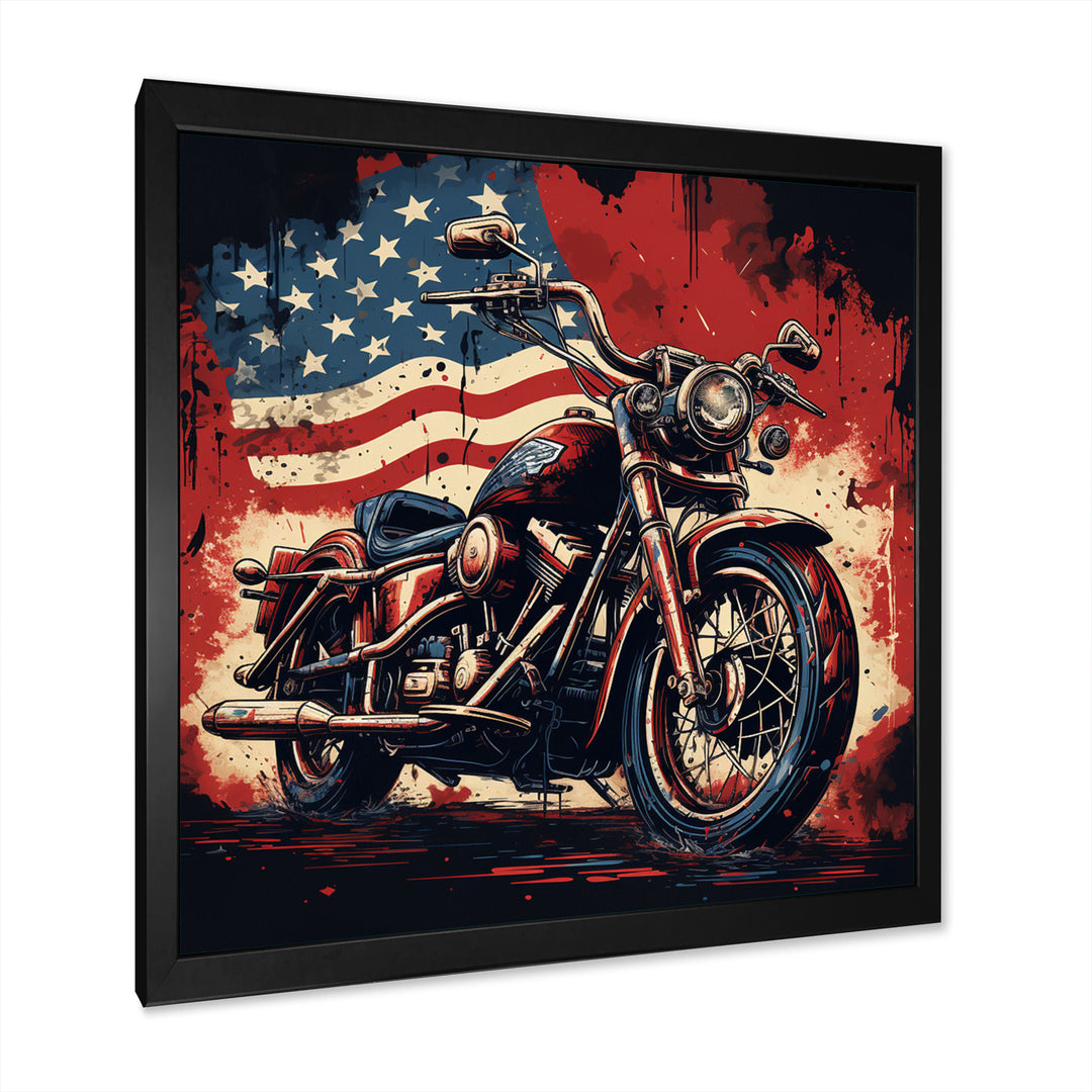 Red Blue Motorcycle American Flag Background - Motorcycle Canvas Wall Art