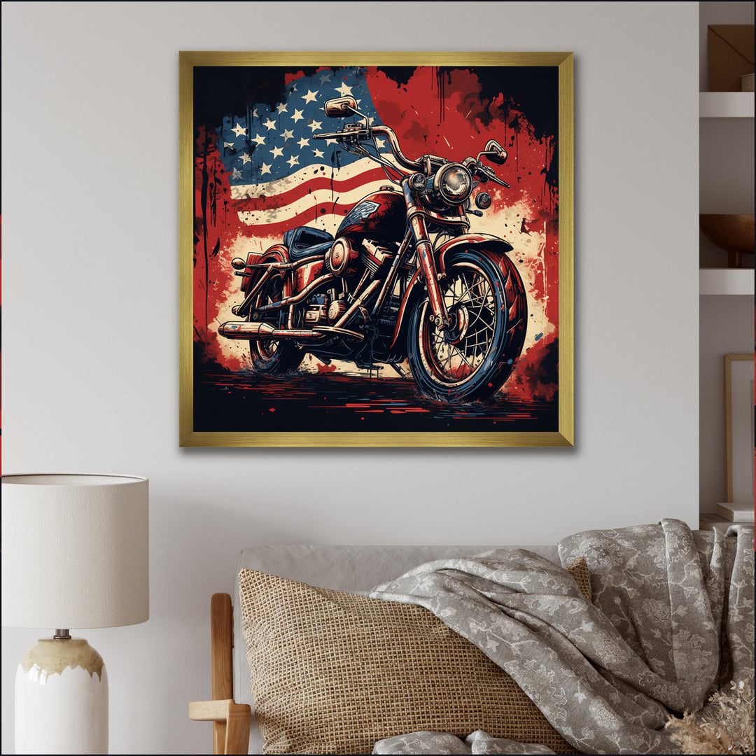 Red Blue Motorcycle American Flag Background - Motorcycle Canvas Wall Art