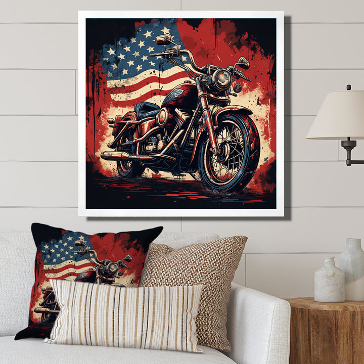 Red Blue Motorcycle American Flag Background - Motorcycle Canvas Wall Art