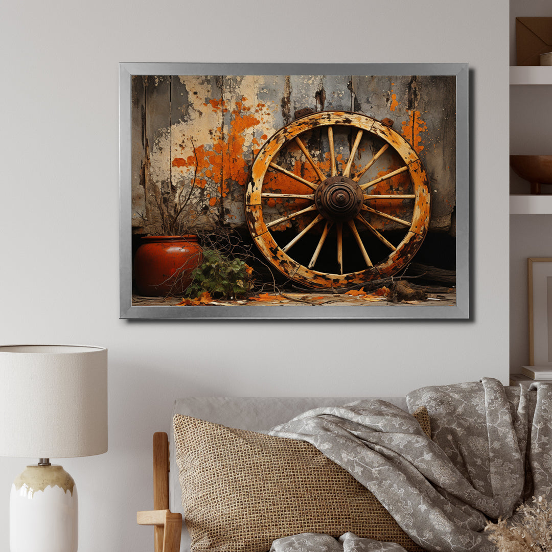 Orange Old Cart Wheels I - Old American Cart Canvas Wall Art