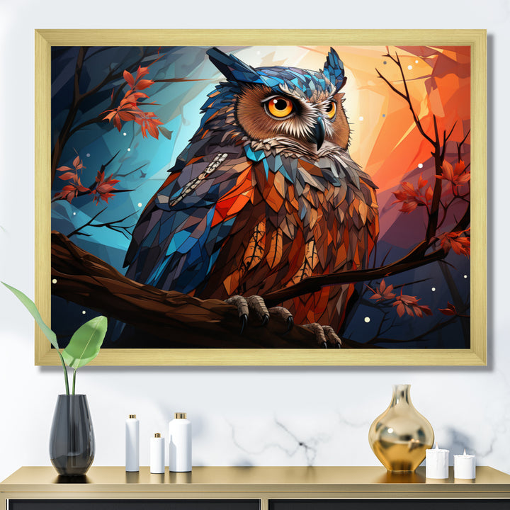 Orange Owl Nights Watch Geometric - Owl Framed Canvas Art