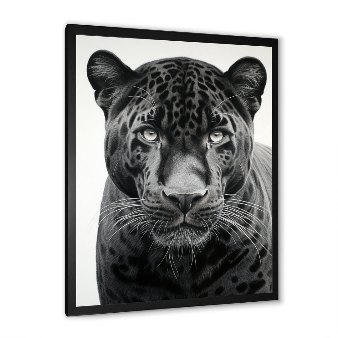 Grey White Panther Realistic Gaze - Panther Framed Canvas Art