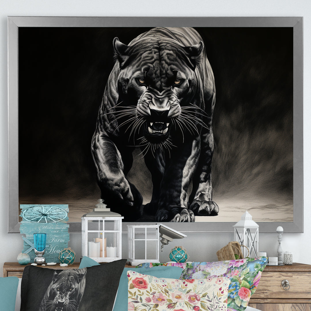 Black White Panther Shadows Grace Charcoal - Panther Living Room Wall Art