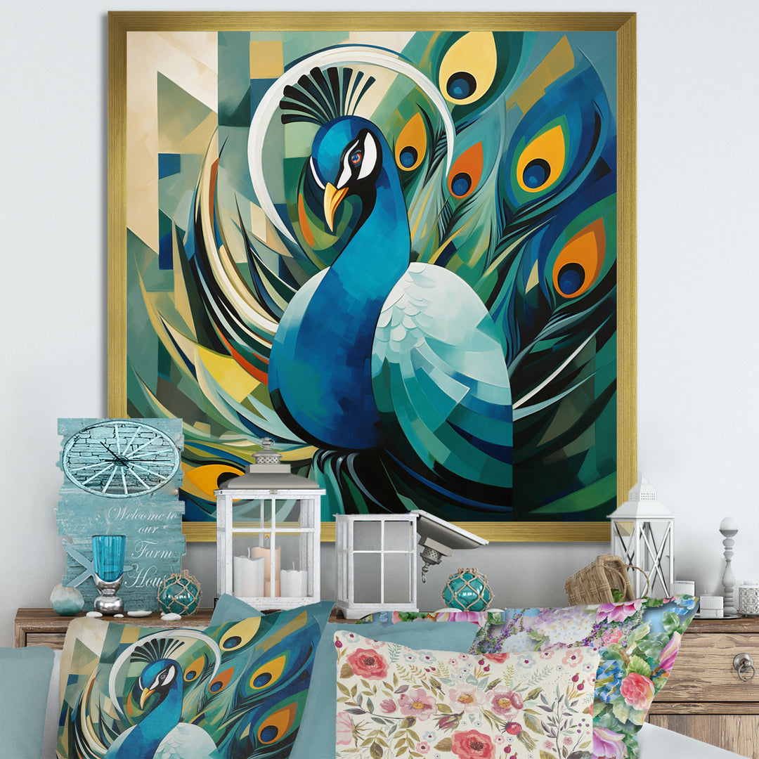 Green Blue Peacock Cubist Peacock Cubism - Peacock Wall Art Prints