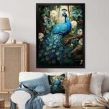 Teal Peacock Monochrome - Animals Canvas Wall Art