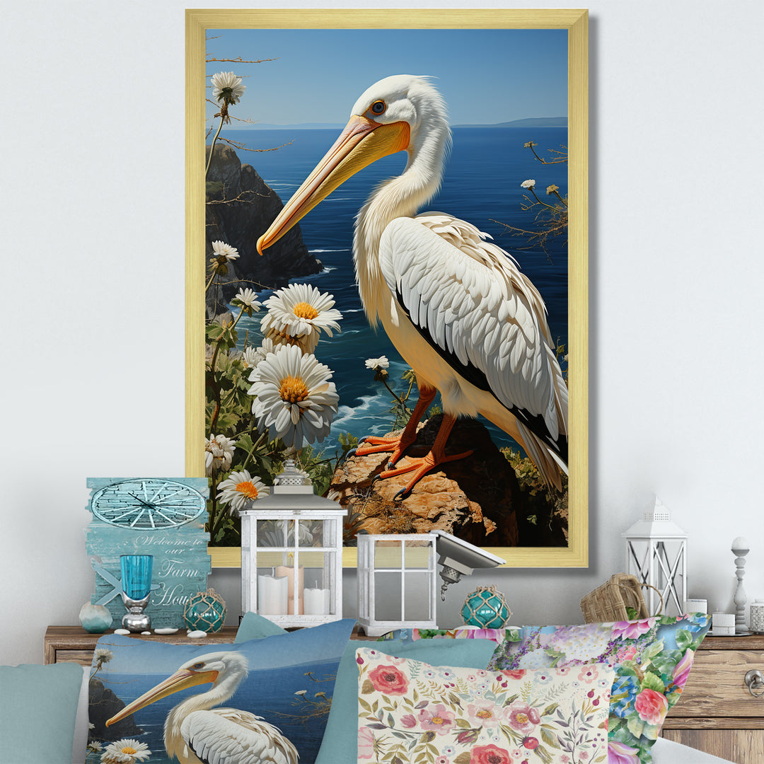Grey Pelican Coastal Watch Pastoral - Pelican Framed Canvas Art