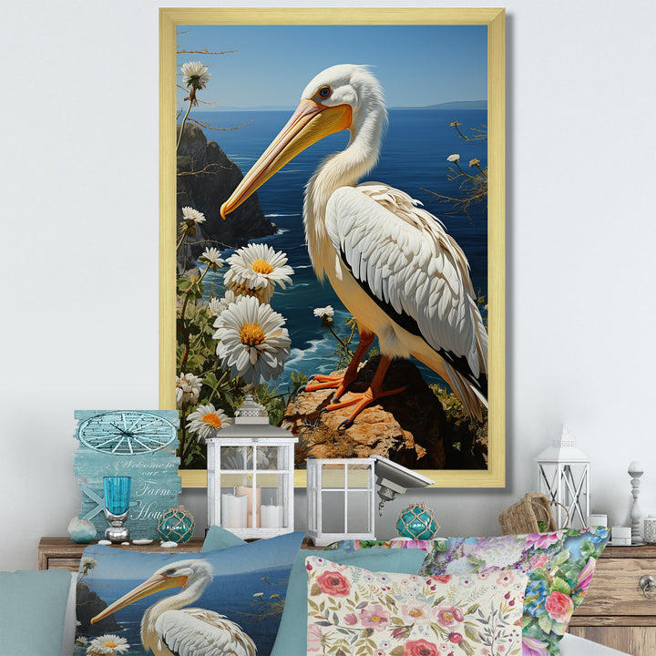 Grey Pelican Coastal Watch Pastoral - Pelican Framed Canvas Art