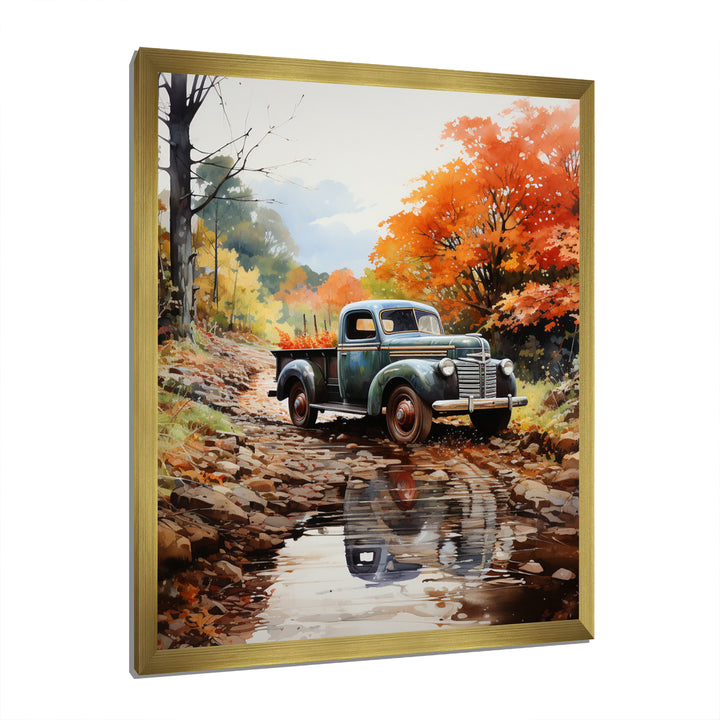 Orange Pickup Truck Autumn Symphony - Pickup Truck Canvas Wall Art
