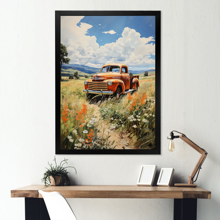 Coral Pickup Truck Luminous Meadows - Pickup Truck Canvas Wall Art