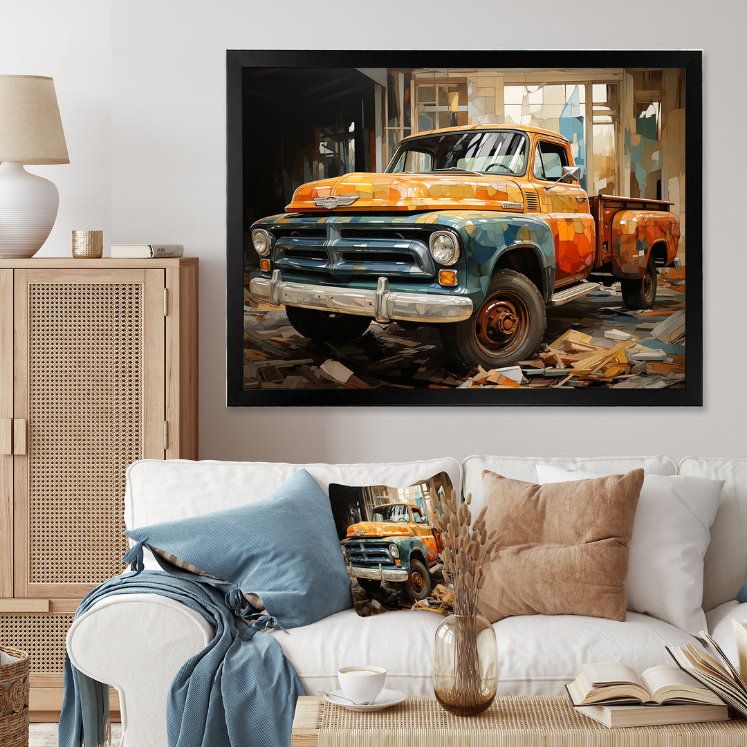 Orange Pickup Truck Mixed Perspective - Pickup Truck Canvas Wall Art