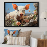 Pink Curious Piglet Pastoral - Pig Framed Canvas Art