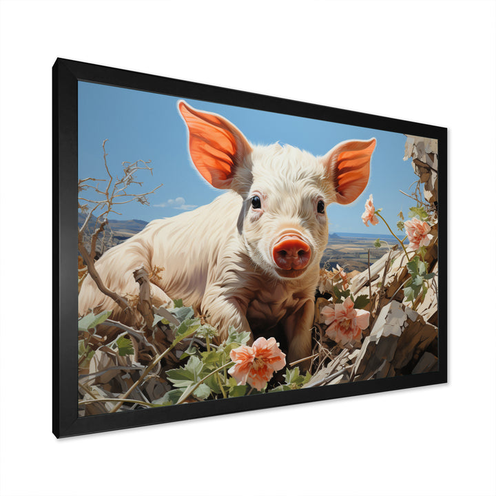 Pink Curious Piglet Pastoral - Pig Framed Canvas Art