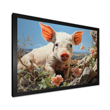 Pink Curious Piglet Pastoral - Pig Framed Canvas Art