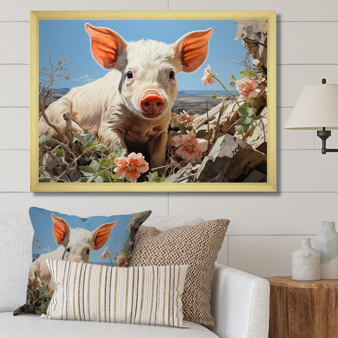 Pink Curious Piglet Pastoral - Pig Framed Canvas Art