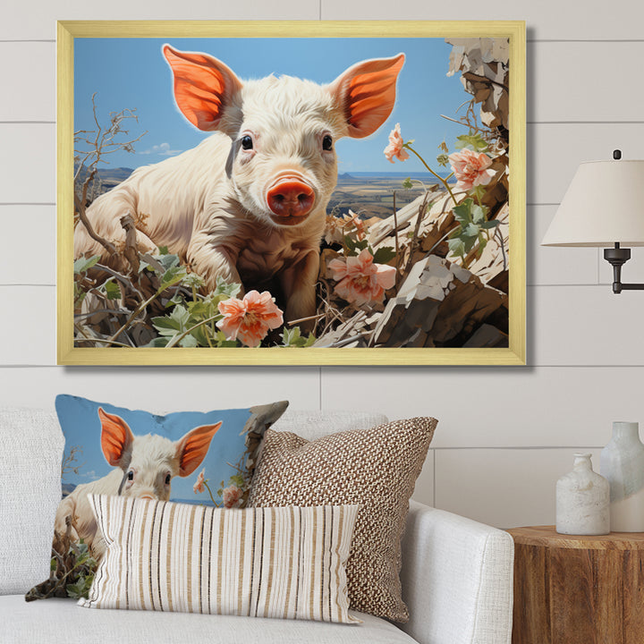 Pink Curious Piglet Pastoral - Pig Framed Canvas Art