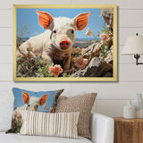 Pink Curious Piglet Pastoral - Pig Framed Canvas Art