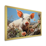 Pink Curious Piglet Pastoral - Pig Framed Canvas Art