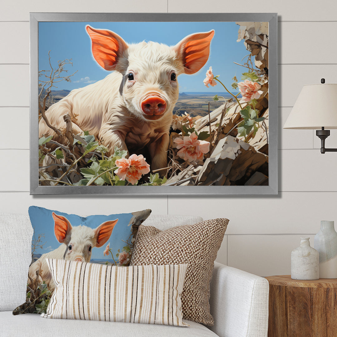 Pink Curious Piglet Pastoral - Pig Framed Canvas Art