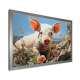 Pink Curious Piglet Pastoral - Pig Framed Canvas Art