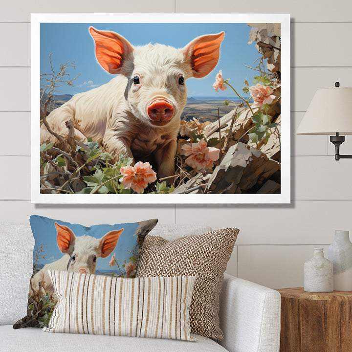 Pink Curious Piglet Pastoral - Pig Framed Canvas Art
