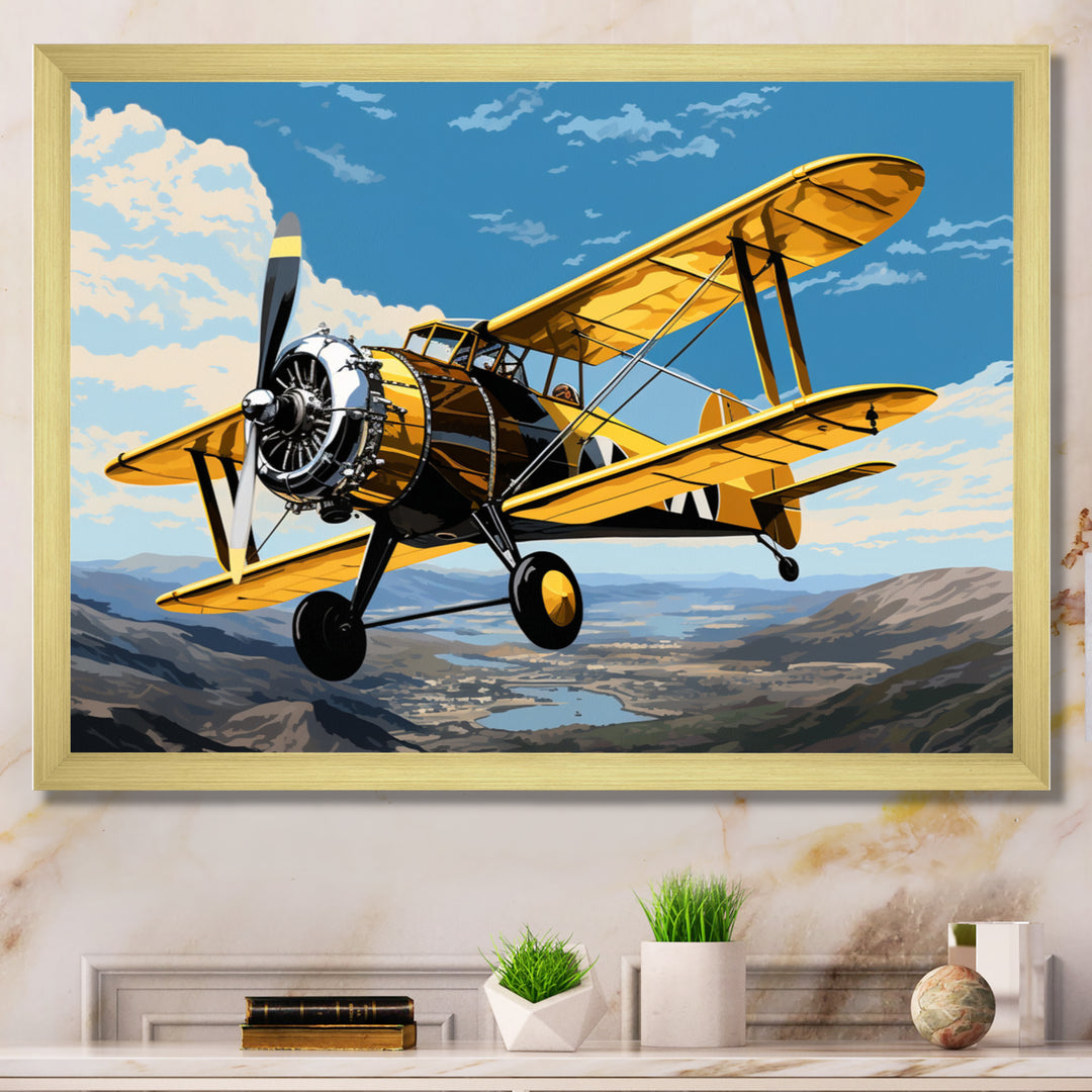 Yellow Airplane Over The Lake - Plane Canvas Wall Art