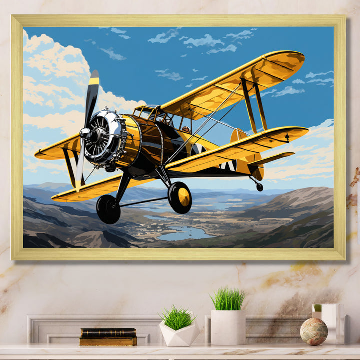 Yellow Airplane Over The Lake - Plane Canvas Wall Art