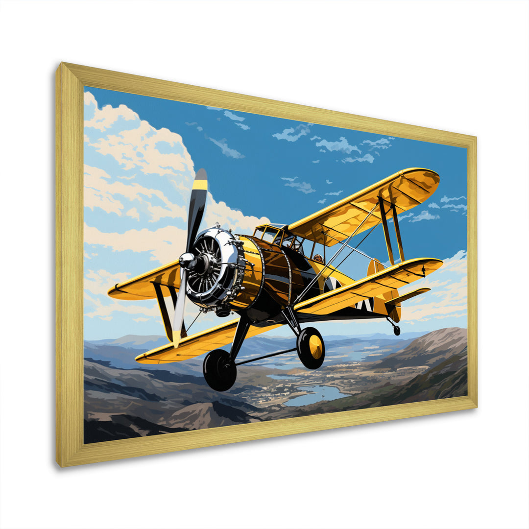 Yellow Airplane Over The Lake - Plane Canvas Wall Art