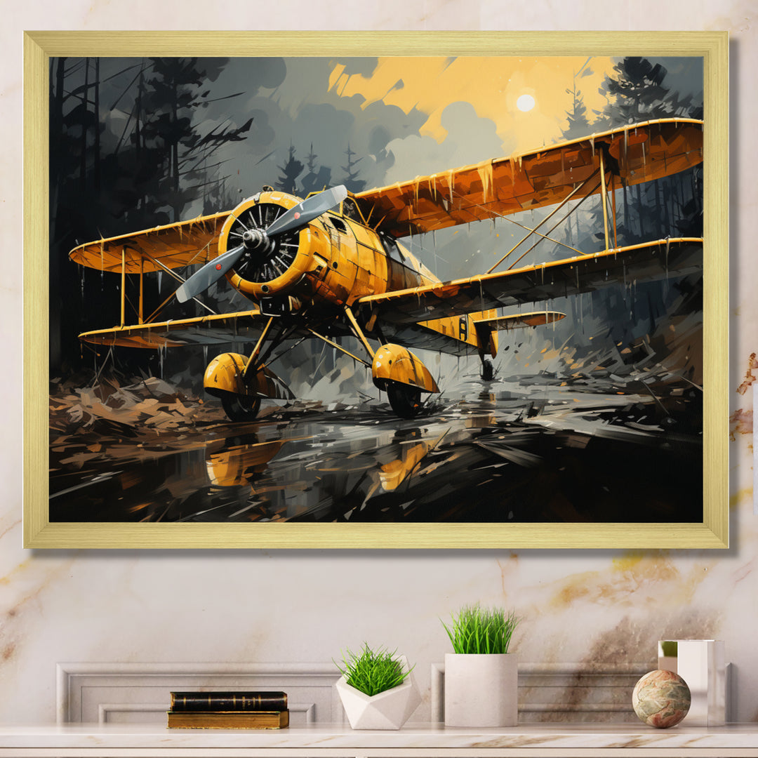 Yellow Airplane In Forest - Plane Canvas Wall Art
