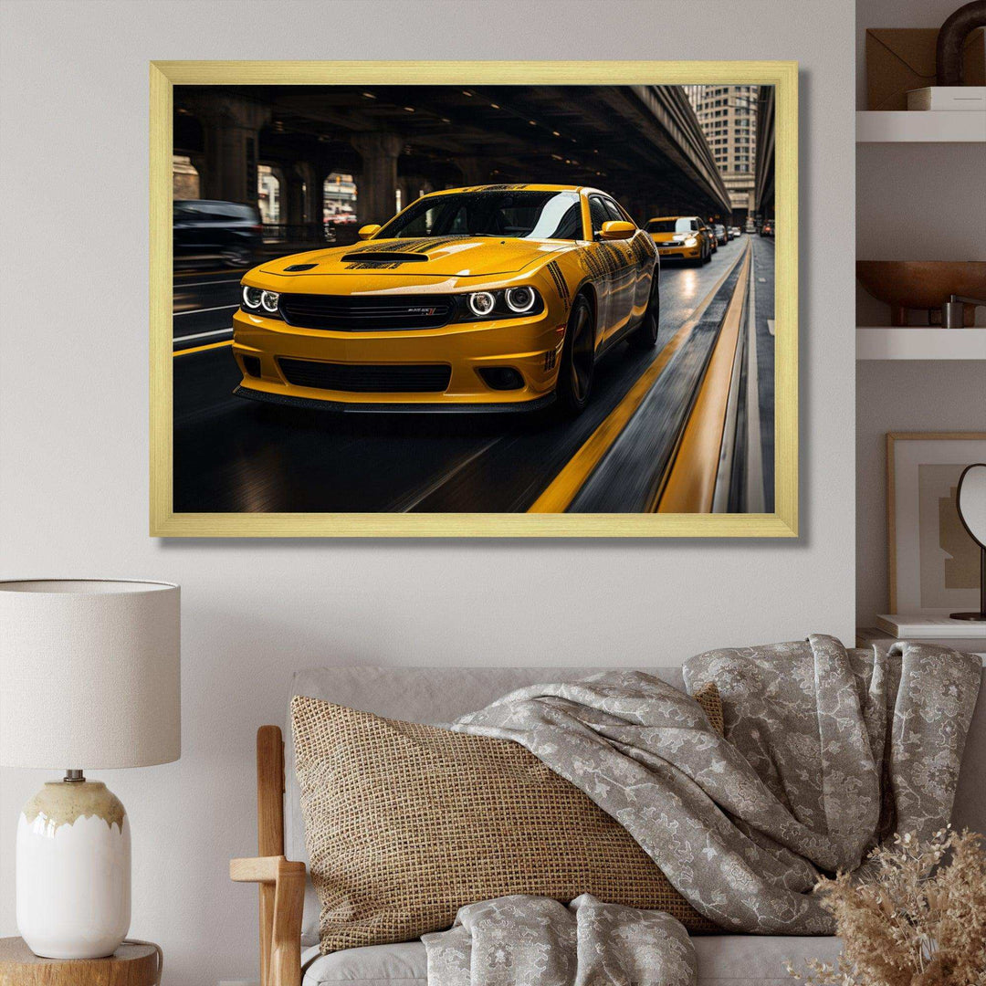 Yellow Car On Highway Symphony - Landscapes Canvas Wall Art