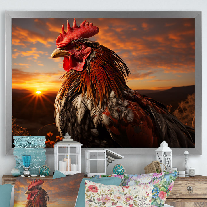 Rooster Portrait At Dawns Landscape - Multi-Color Rooster Wall Art