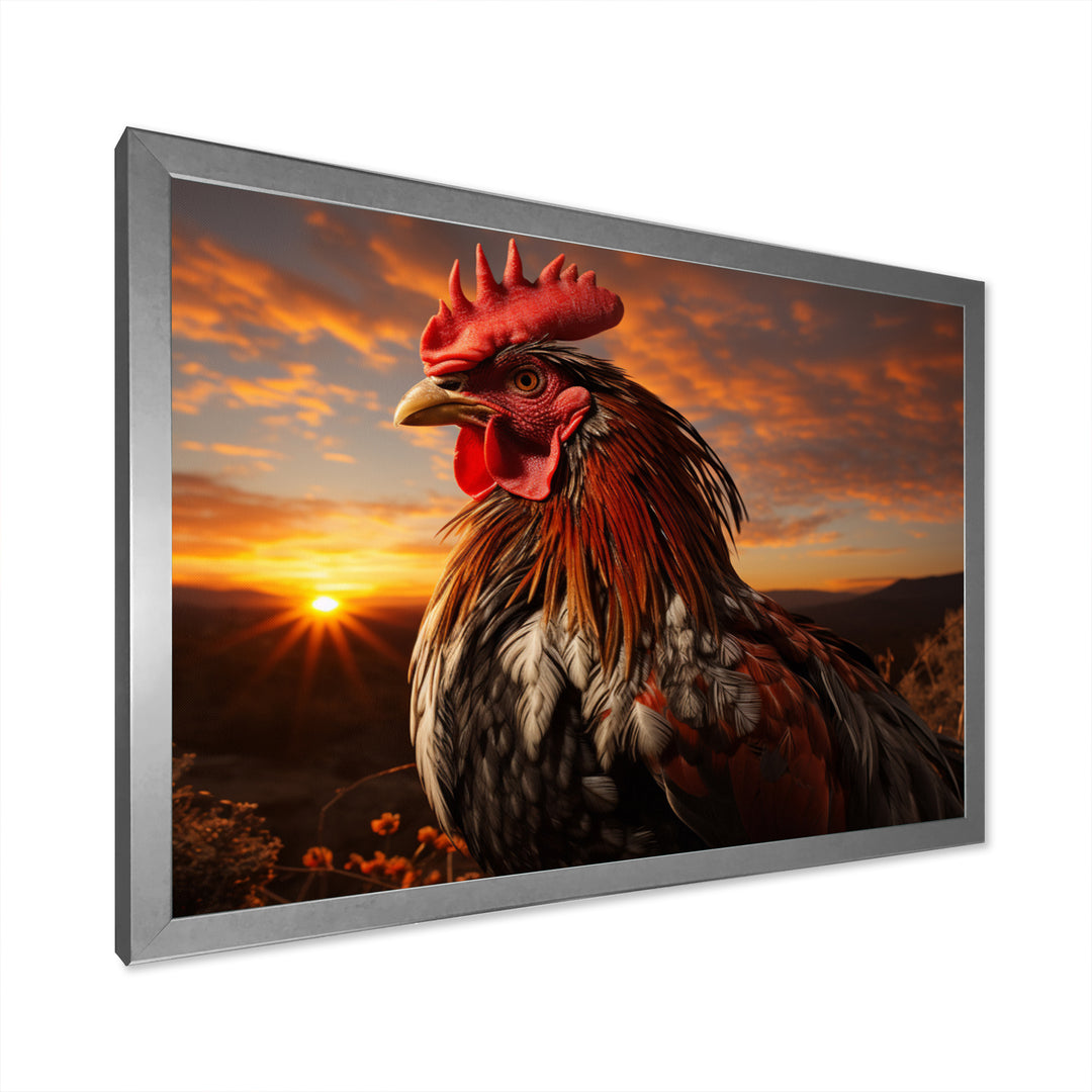 Rooster Portrait At Dawns Landscape - Multi-Color Rooster Wall Art