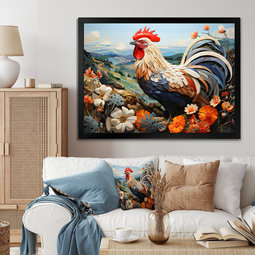 Rooster Portrait With Mountain Flowers - Rooster Large Canvas Wall Art