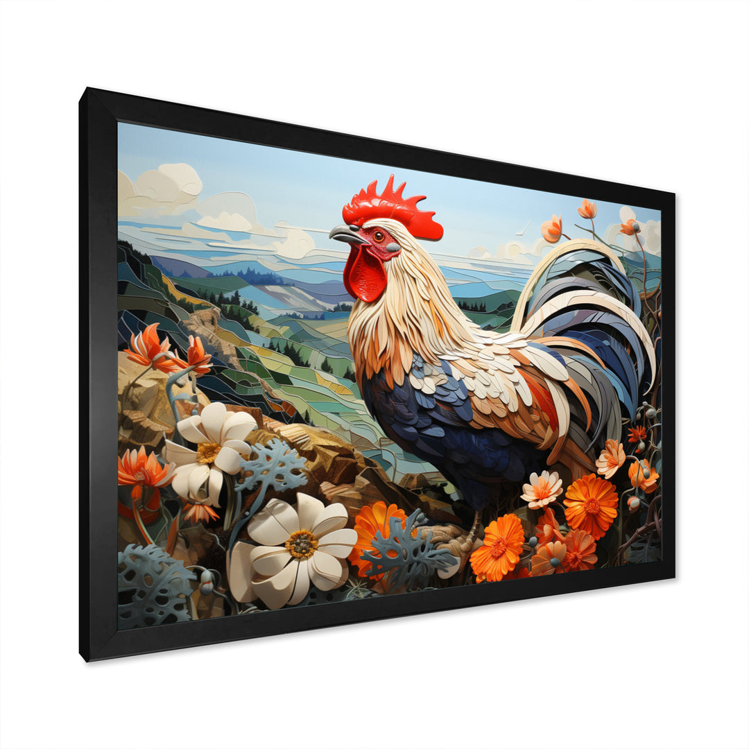 Rooster Portrait With Mountain Flowers - Rooster Large Canvas Wall Art