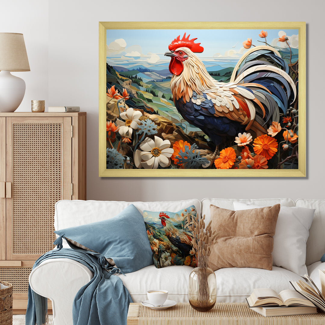 Rooster Portrait With Mountain Flowers - Rooster Large Canvas Wall Art