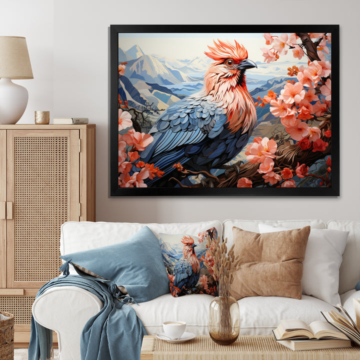 Rooster Sitting At Pink Flower Tree Branch - Rooster Bedroom Wall Art