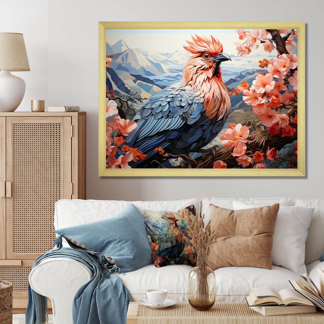 Rooster Sitting At Pink Flower Tree Branch - Rooster Bedroom Wall Art