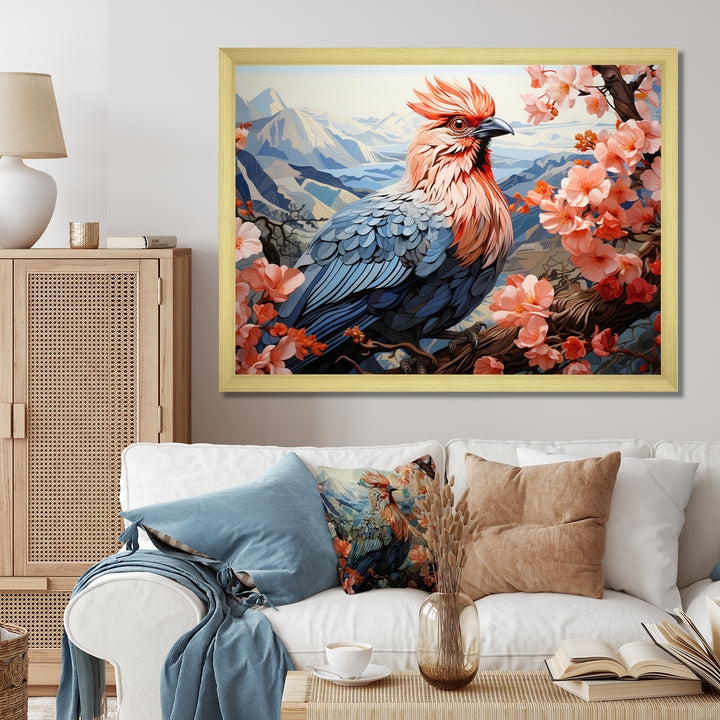 Rooster Sitting At Pink Flower Tree Branch - Rooster Bedroom Wall Art