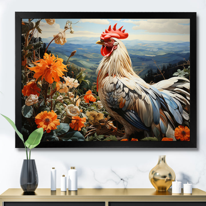 Cream Rooster With Orange Flower Landscape - Rooster Canvas Wall Art
