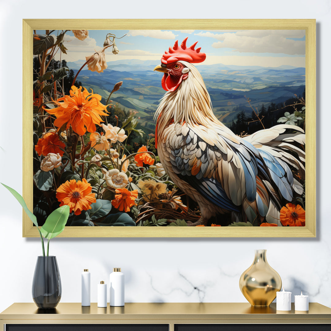 Cream Rooster With Orange Flower Landscape - Rooster Canvas Wall Art