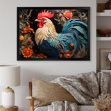 Blue Rooster With Orange Flowers - Rooster Canvas Wall Art