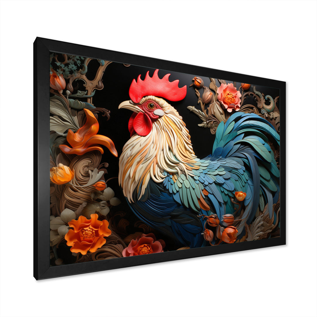 Blue Rooster With Orange Flowers - Rooster Canvas Wall Art
