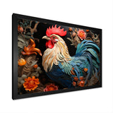 Blue Rooster With Orange Flowers - Rooster Canvas Wall Art