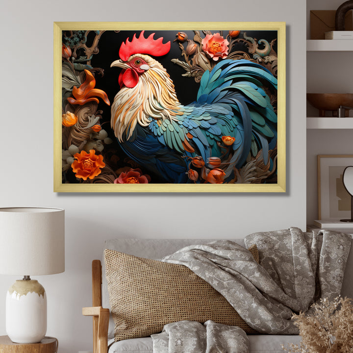 Blue Rooster With Orange Flowers - Rooster Canvas Wall Art
