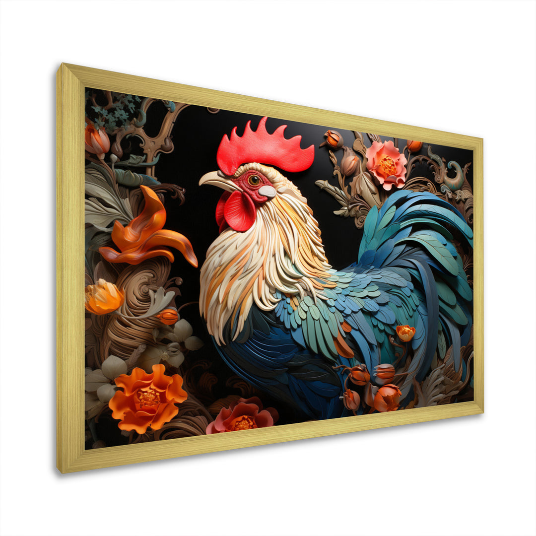Blue Rooster With Orange Flowers - Rooster Canvas Wall Art